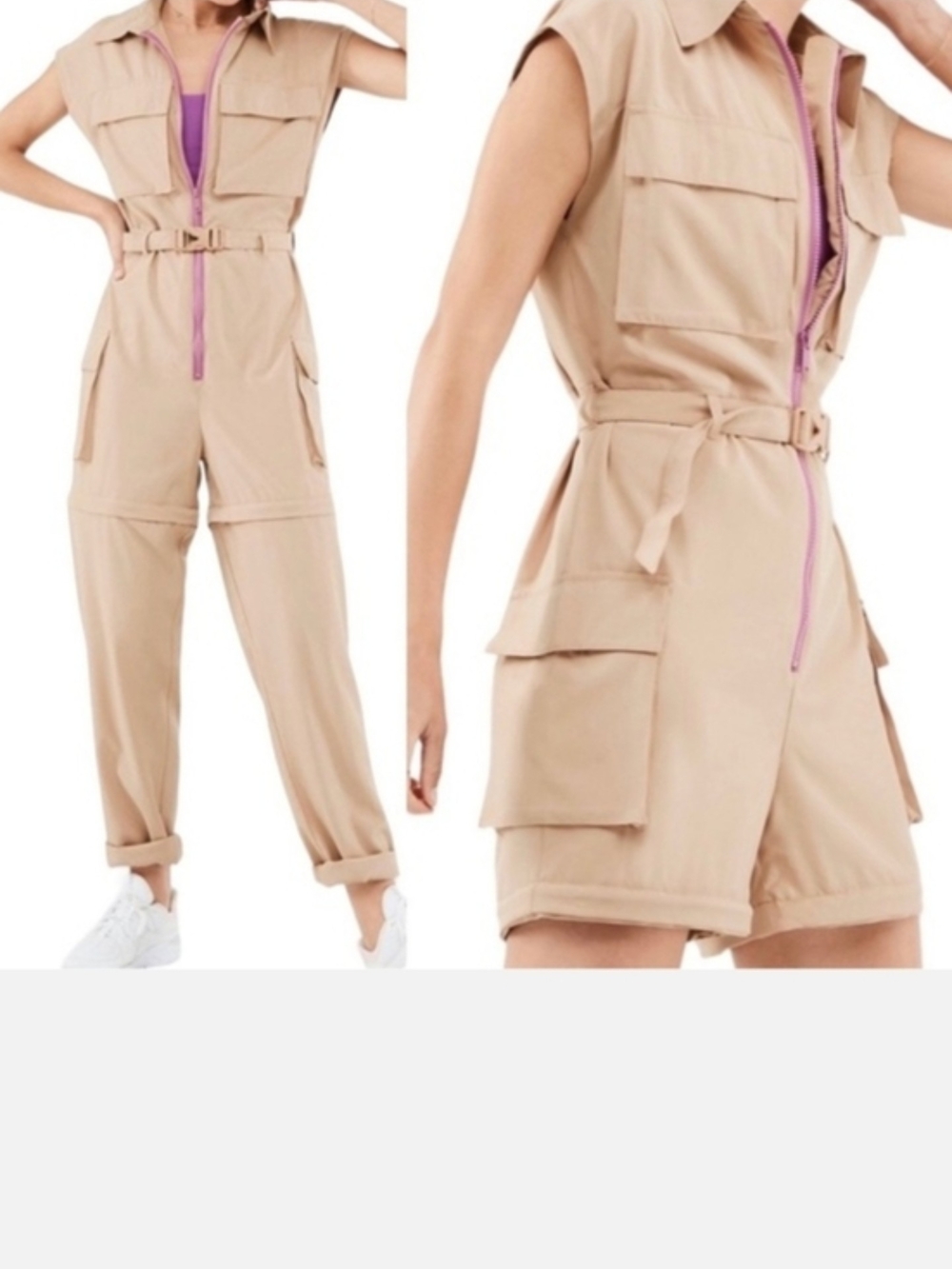Fabletics Beige Jumpsuit with Pink Zipper